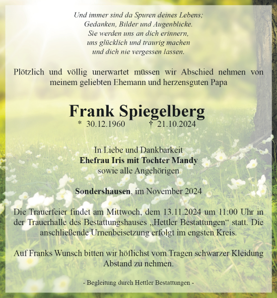 Traueranzeige von Frank Spiegelberg von Thüringer Allgemeine