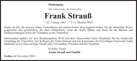 Traueranzeige von Frank Strauß von Thüringer Allgemeine, Thüringische Landeszeitung