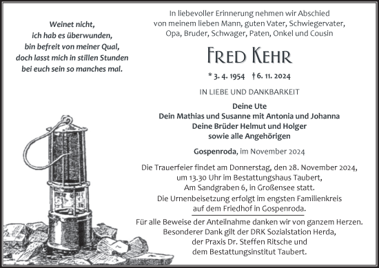 Traueranzeige von Fred Kehr von Thüringer Allgemeine, Thüringische Landeszeitung