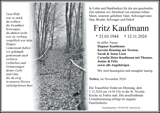 Traueranzeige von Fritz Kaufmann von Thüringer Allgemeine