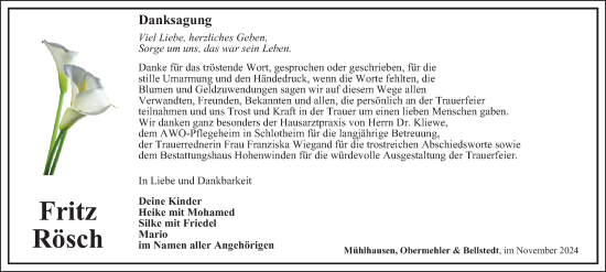 Traueranzeige von Fritz Rösch von Thüringer Allgemeine, Thüringische Landeszeitung