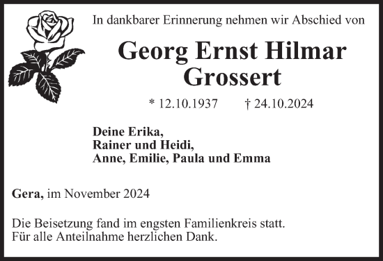 Traueranzeige von Georg Ernst Grossert von Ostthüringer Zeitung