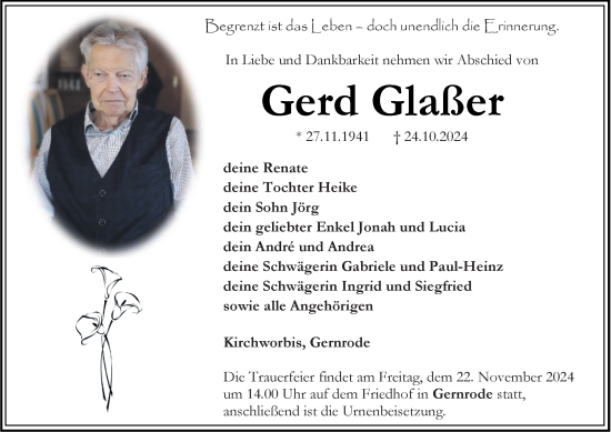 Traueranzeige von Gerd Glaßer von Thüringer Allgemeine