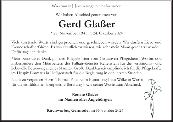 Traueranzeige von Gerd Glaßer von Thüringer Allgemeine