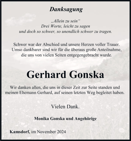 Traueranzeige von Gerhard Gonska von Ostthüringer Zeitung