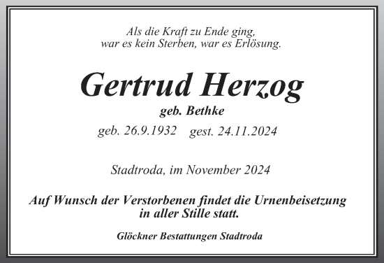 Traueranzeige von Gertrud Herzog von Ostthüringer Zeitung