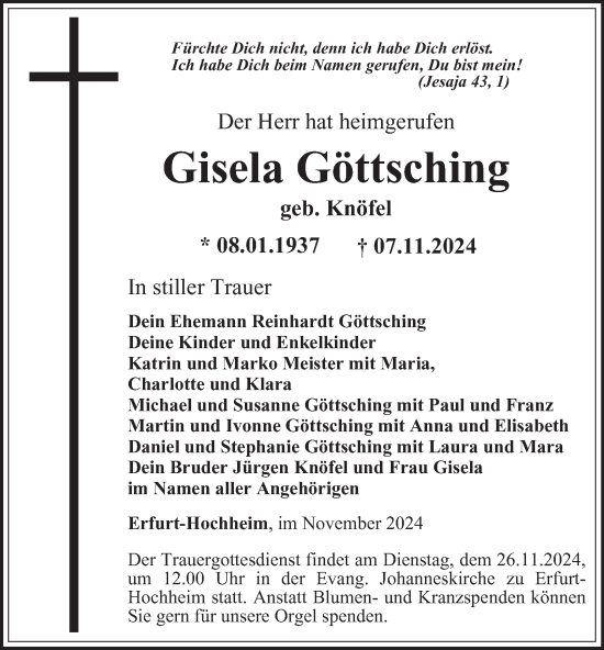 Traueranzeige von Gisela Göttsching von Thüringer Allgemeine, Thüringische Landeszeitung