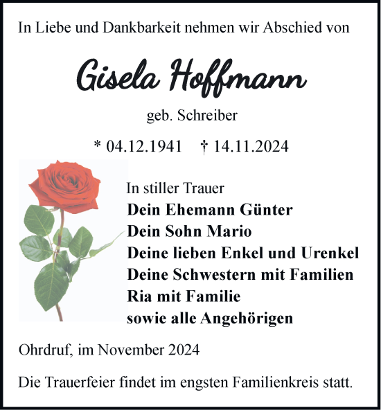 Traueranzeige von Gisela Hoffmann von Thüringer Allgemeine, Thüringische Landeszeitung