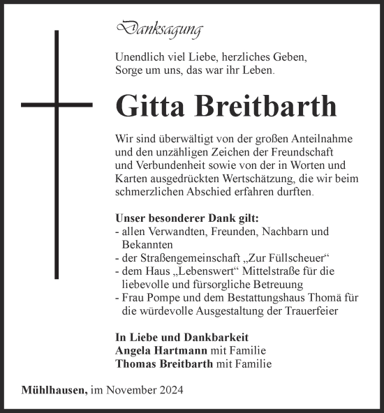 Traueranzeige von Gitta Breitbarth von Thüringer Allgemeine, Thüringische Landeszeitung