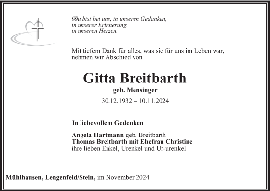 Traueranzeige von Gitta Breitbarth von Thüringer Allgemeine, Thüringische Landeszeitung