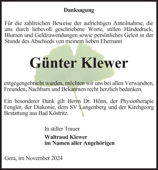 Traueranzeige von Günter Klewer von Ostthüringer Zeitung