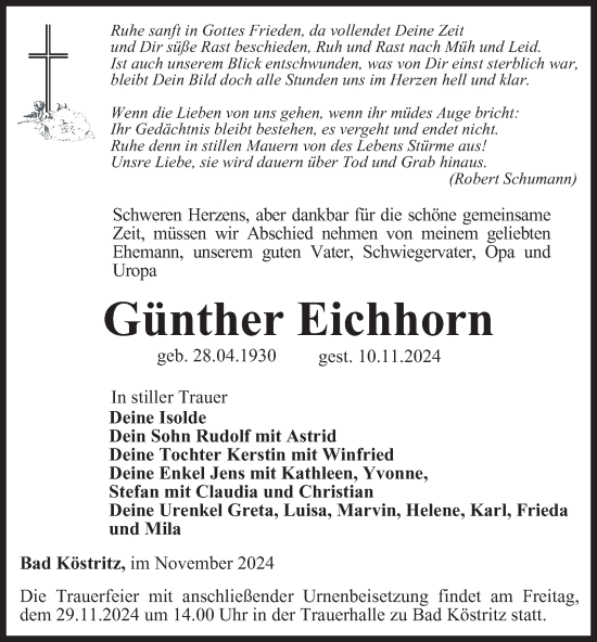 Traueranzeige von Günther Eichhorn von Ostthüringer Zeitung