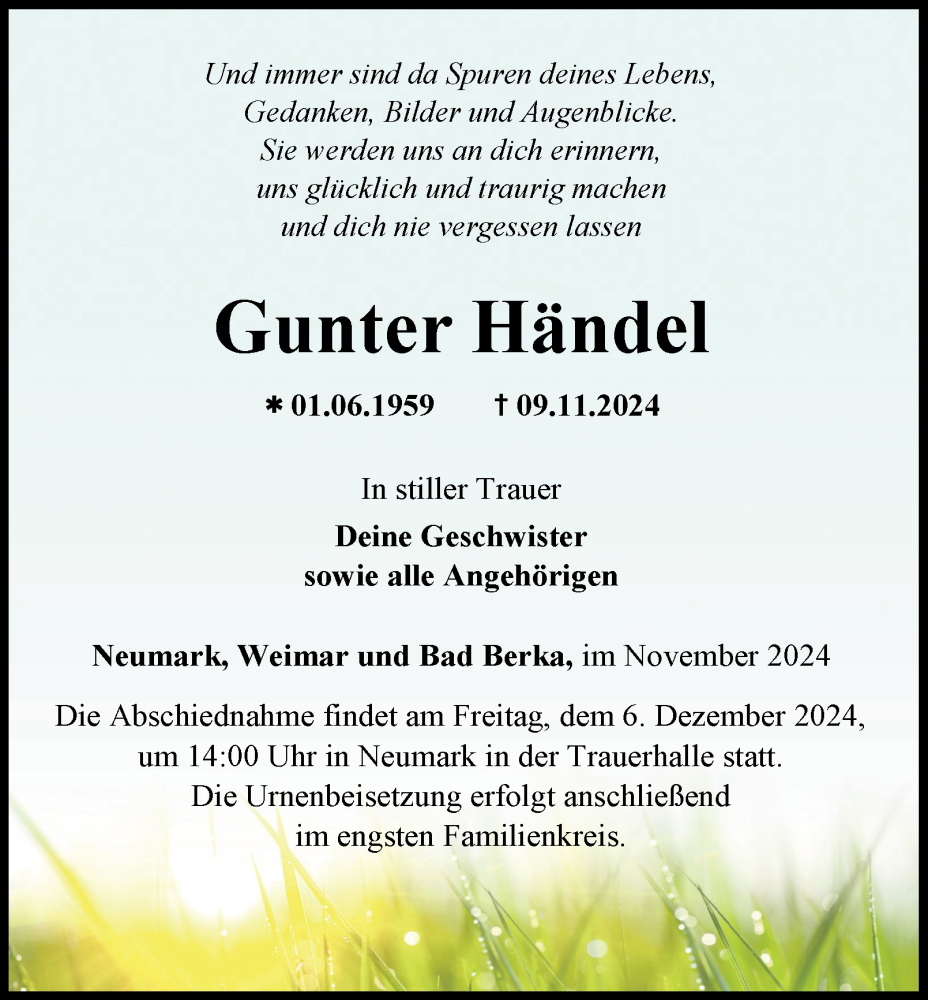  Traueranzeige für Gunter Händel vom 30.11.2024 aus Thüringer Allgemeine, Thüringische Landeszeitung