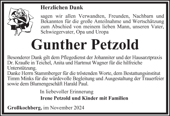Traueranzeige von Gunther Petzold von Ostthüringer Zeitung
