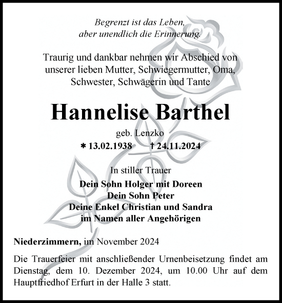 Traueranzeige von Hannelise Barthel von Thüringer Allgemeine, Thüringische Landeszeitung