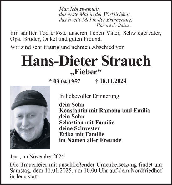 Traueranzeige von Hans-Dieter Strauch von Ostthüringer Zeitung, Thüringische Landeszeitung