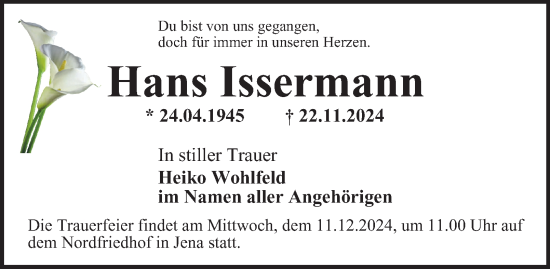 Traueranzeige von Hans Issermann von Ostthüringer Zeitung, Thüringische Landeszeitung