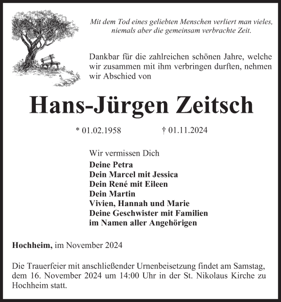 Traueranzeige von Hans-Jürgen Zeitsch von Thüringer Allgemeine, Thüringische Landeszeitung