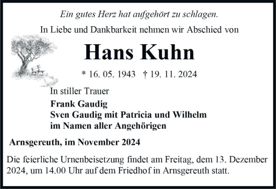 Traueranzeige von Hans Kuhn von Ostthüringer Zeitung