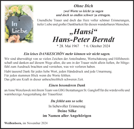 Traueranzeige von Hans-Peter Berndt von Ostthüringer Zeitung