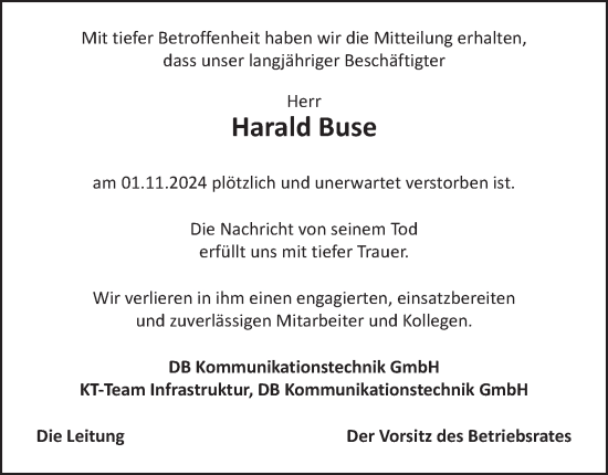 Traueranzeige von Harald Buse von Thüringer Allgemeine