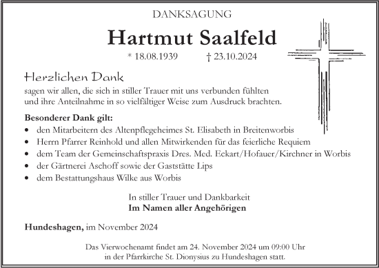 Traueranzeige von Hartmut Saalfeld von Thüringer Allgemeine