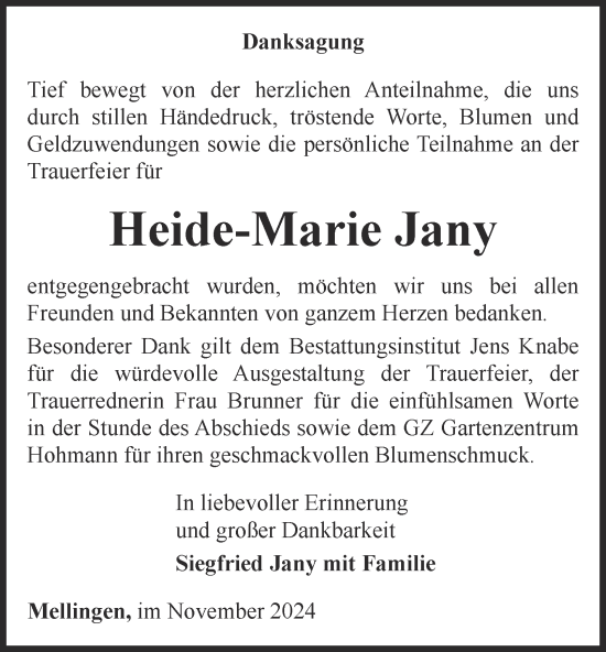 Traueranzeige von Heide-Marie Jany von Thüringer Allgemeine, Thüringische Landeszeitung