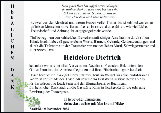 Traueranzeige von Heidelore Dietrich von Ostthüringer Zeitung