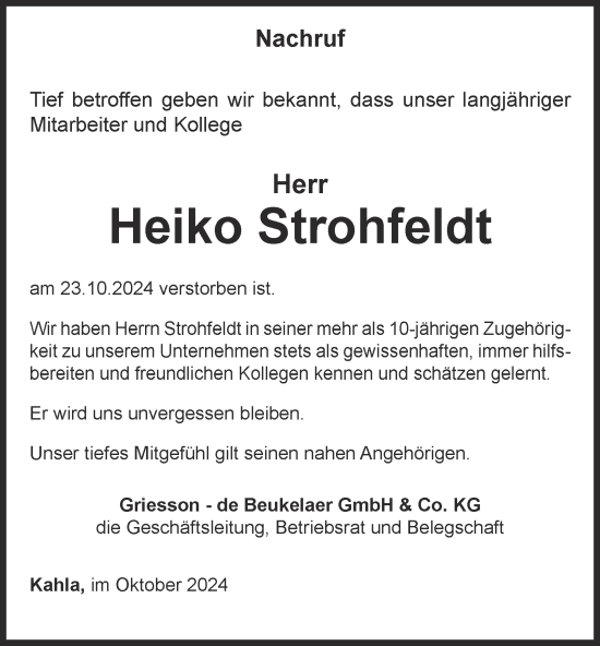 Traueranzeige von Heiko Strohfeldt von Ostthüringer Zeitung