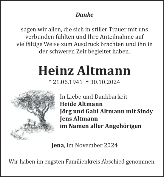 Traueranzeige von Heinz Altmann von Ostthüringer Zeitung, Thüringische Landeszeitung