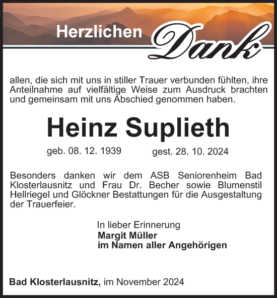 Traueranzeige von Heinz Suplieth von Ostthüringer Zeitung