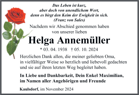 Traueranzeige von Helga Annemüller von Ostthüringer Zeitung