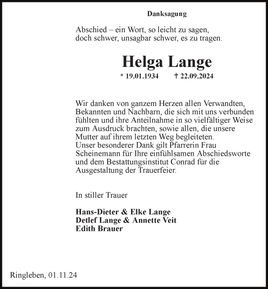 Traueranzeige von Helga Lange von Thüringer Allgemeine, Thüringische Landeszeitung