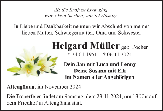 Traueranzeige von Helgard Müller von Ostthüringer Zeitung, Thüringische Landeszeitung