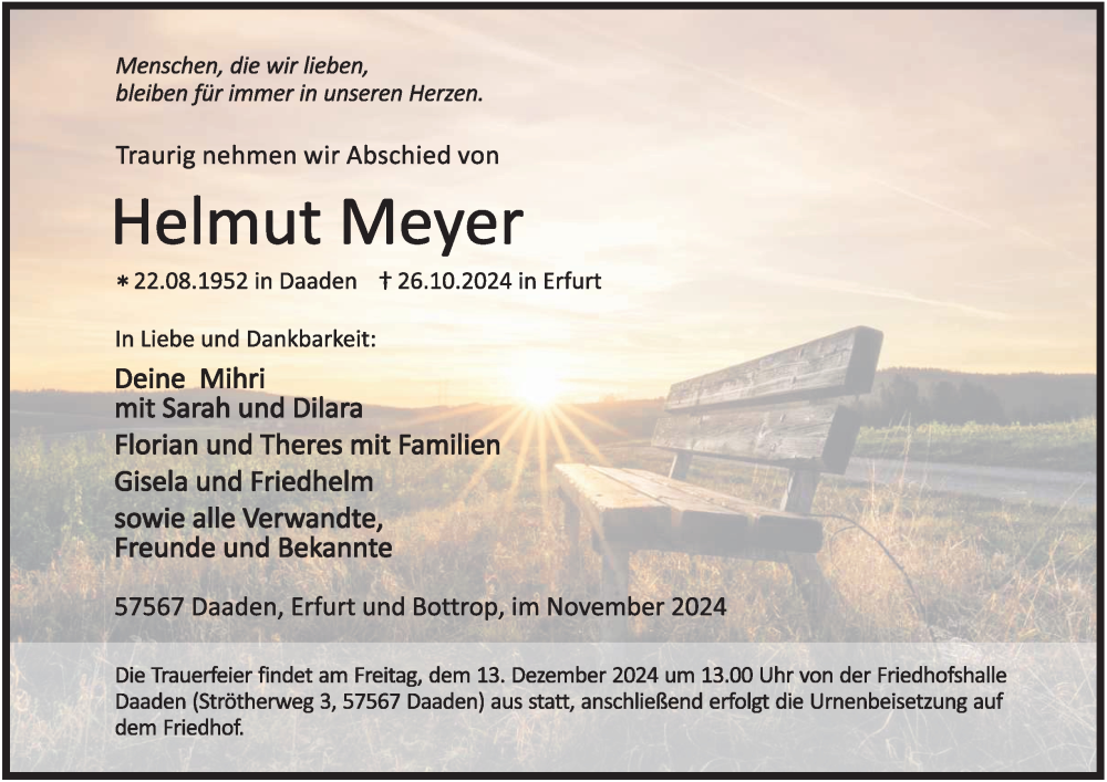  Traueranzeige für Helmut Meyer vom 30.11.2024 aus Thüringer Allgemeine, Thüringische Landeszeitung