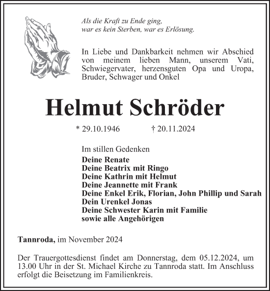 Traueranzeige von Helmut Schröder von Thüringer Allgemeine, Thüringische Landeszeitung