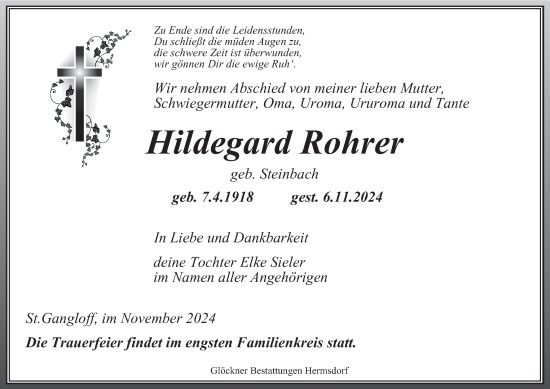 Traueranzeige von Hildegard Rohrer von Ostthüringer Zeitung