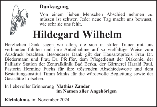 Traueranzeige von Hildegard Wilhelm von Thüringer Allgemeine, Thüringische Landeszeitung