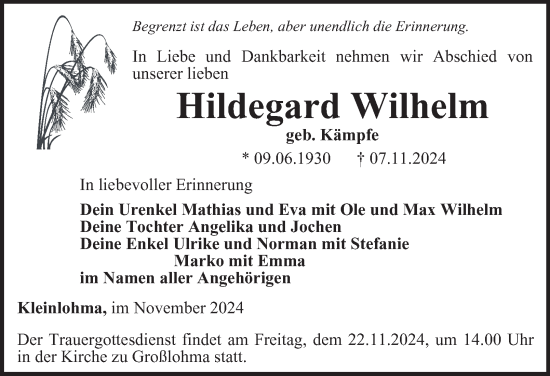 Traueranzeige von Hildegard Wilhelm von Thüringer Allgemeine, Thüringische Landeszeitung