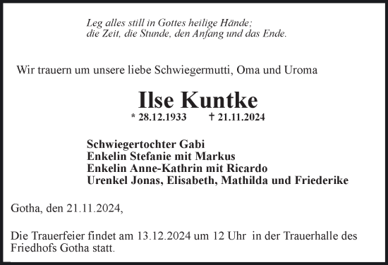 Traueranzeige von Ilse Kuntke von Thüringer Allgemeine, Thüringische Landeszeitung