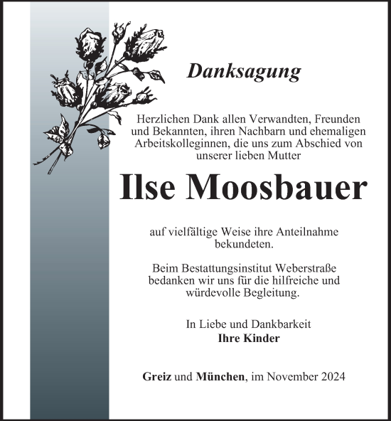 Traueranzeige von Ilse Moosbauer von Ostthüringer Zeitung