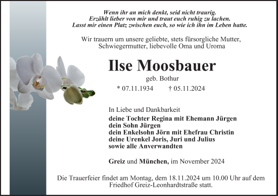 Traueranzeige von Ilse Moosbauer von Ostthüringer Zeitung