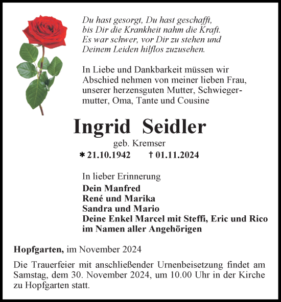 Traueranzeige von Ingrid Seidler von Thüringer Allgemeine, Thüringische Landeszeitung