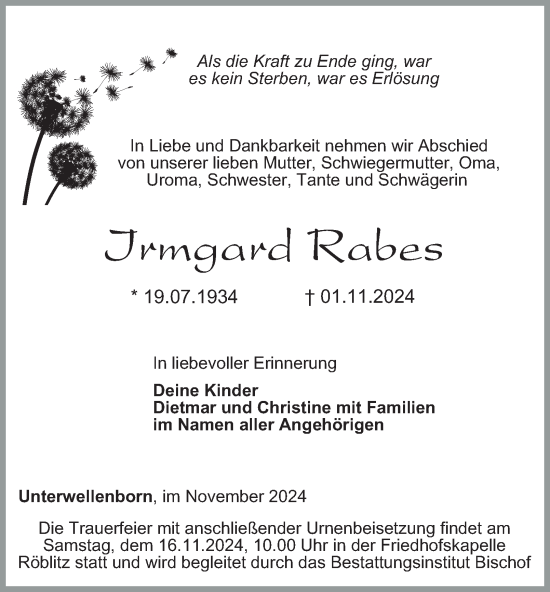 Traueranzeige von Irmgard Rabes von Ostthüringer Zeitung