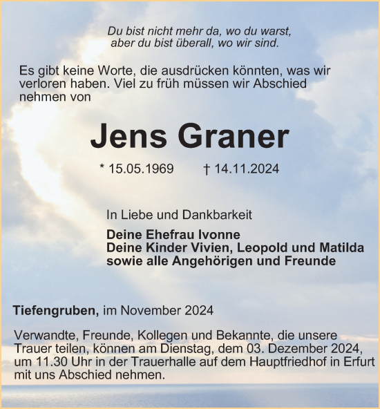 Traueranzeige von Jens Graner von Thüringer Allgemeine, Thüringische Landeszeitung