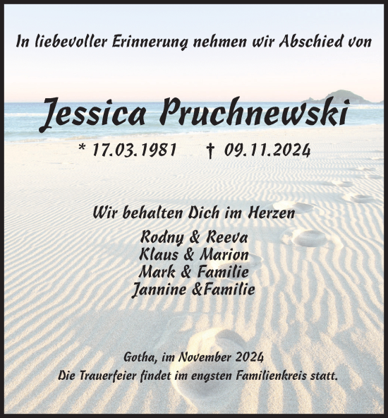 Traueranzeige von Jessica Pruchnewski von Thüringer Allgemeine, Thüringische Landeszeitung