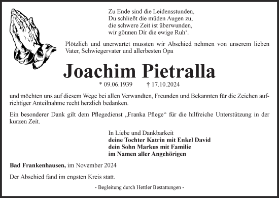 Traueranzeige von Joachim Pietralla von Thüringer Allgemeine