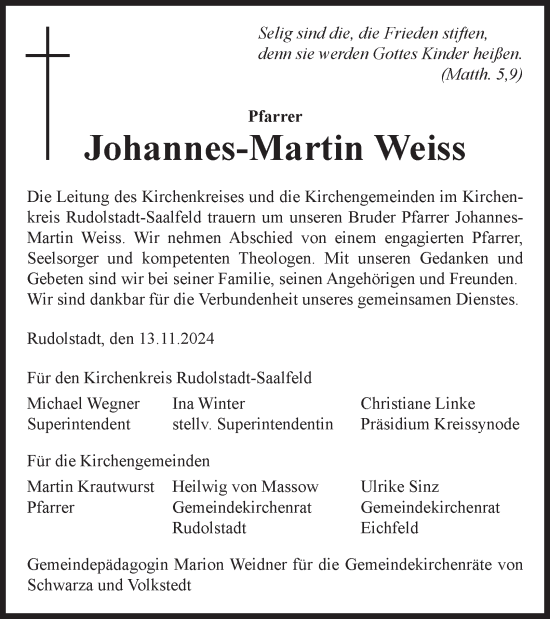 Traueranzeige von Johannes-Martin Weiss von Ostthüringer Zeitung