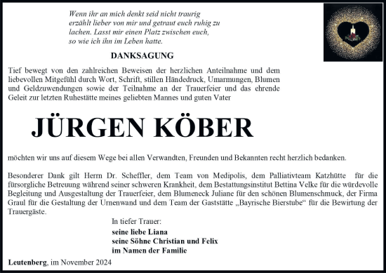 Traueranzeige von Jürgen Köber von Ostthüringer Zeitung