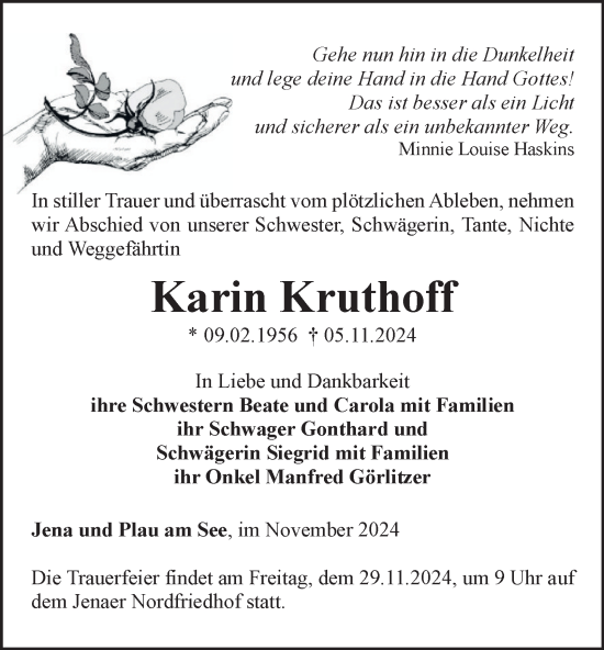 Traueranzeige von Karin Kruthoff von Ostthüringer Zeitung, Thüringische Landeszeitung